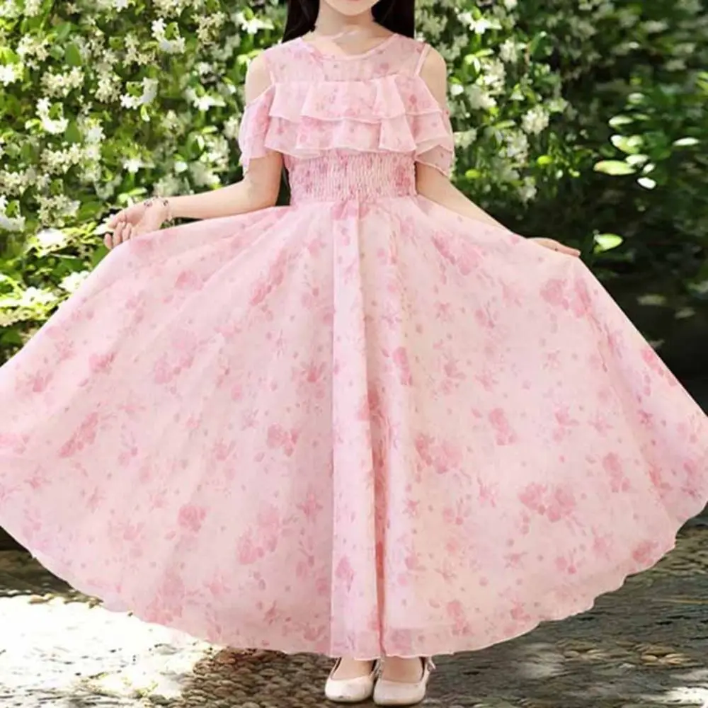Sweet Loose Girls Chiffon Floral Dress Pleated Party Summer Dresses Beach Vacation Teenagers Children Princess Dress Students
