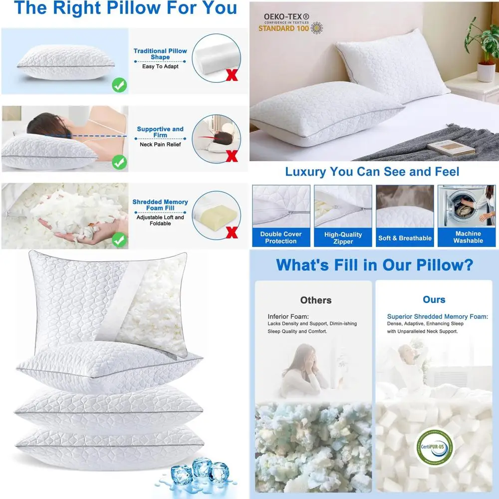 

Queen Size Cooling Pillow Set: 4 Pack Shredded Memory Foam, Adjustable Firmness, Cool Pillows for Various Sleep Positions with W