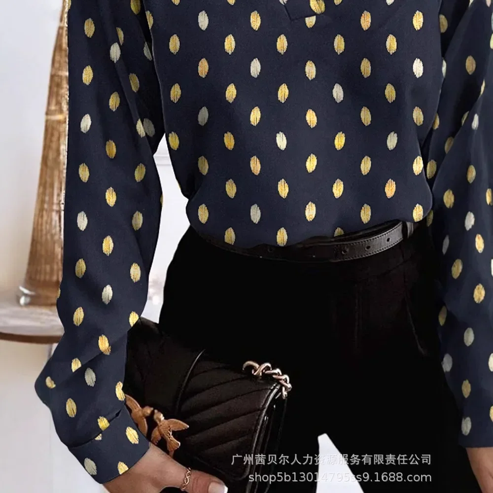 Women Spring Summer Shirt Dot Color V Neck Long Sleeve Blouse Casual Fashion Sexy Comfortable Regular Standard Elegant Fit Shirt