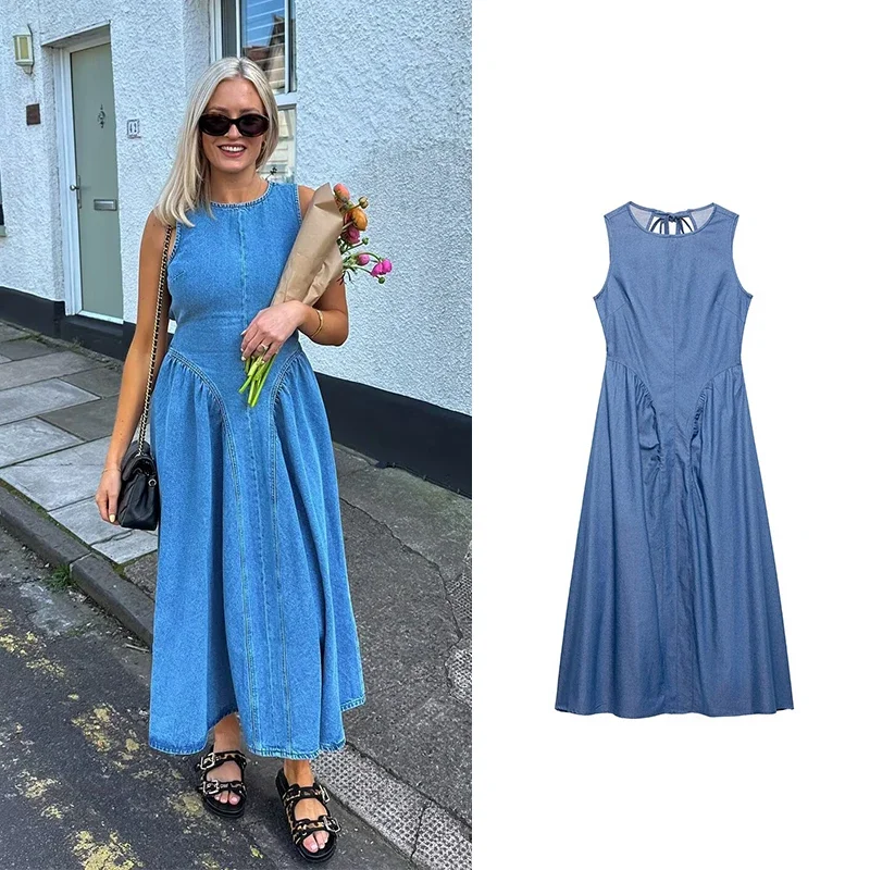 

New Fashion Women Summer O-Neck Sleeveless Back Hollow Out Lace Up Denim Long Dresses Female Vintage Elegant Party Dresses