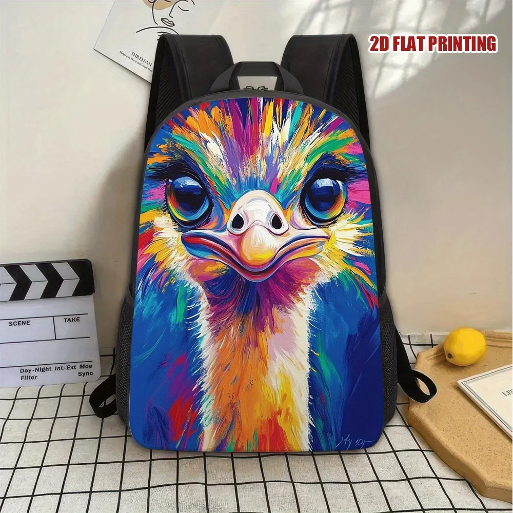 1pc Vibrant Ostrich Face 2D Flat Print Backpack Large Capacity, Washable Double Strap Shoulder Bag with Zipper Closure