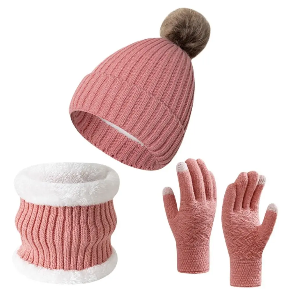 3Pcs/Set Warm Winter Hat Scarf Gloves Set Thicken Lining Knit Beanie Snood Set Windproof Elastic Touchscreen Gloves