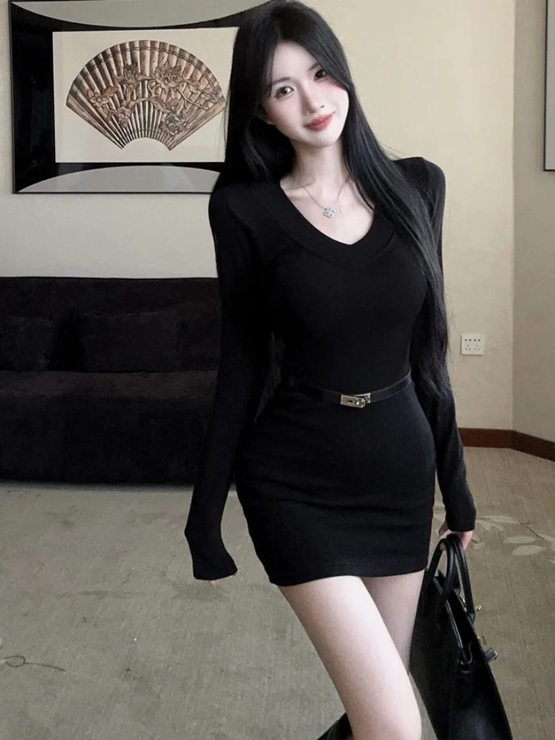 

Ele Ladylike V-ne Long Sve Dr Women's Autumn Winter New Sle Bla Slimming ort Skirt Bodycon Dr Cotton