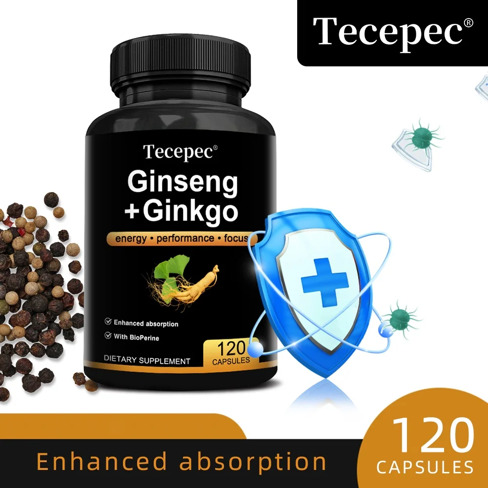 Vegan Korean Red Panax Ginseng with Ginkgo Biloba Capsules High Potency for Male Natural Health Supplement - Non-GMO-Gluten-free