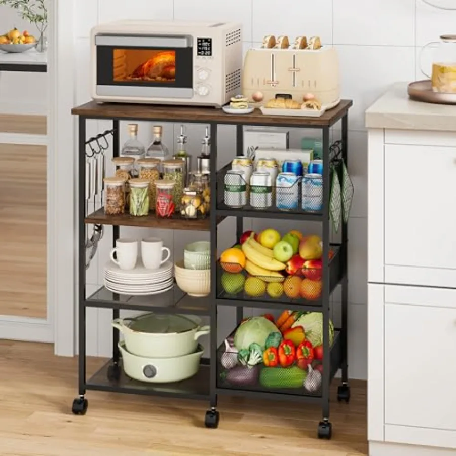 

Kitchen Island Carts on Wheels with Storage - 4-Tier Microwave Table Utility Cart with Hooksand Locking Casters - Rolling Kitch