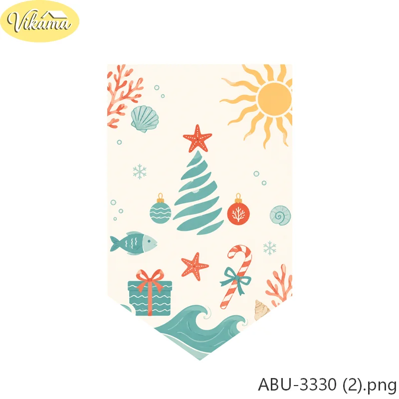 VIKAMA Coastal Beach-Themed Christmas Fabric Triangle Banners, Wave and Starfish Triangle Banner Set, Party and Home Decor