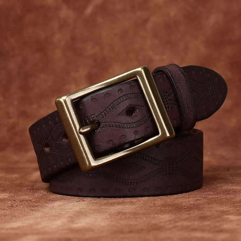 Personalized Trendy Embossed Luxury Design Thickened Top Layer Cowhide Belt Men's Genuine Leather Copper Buckle Jeans Belts