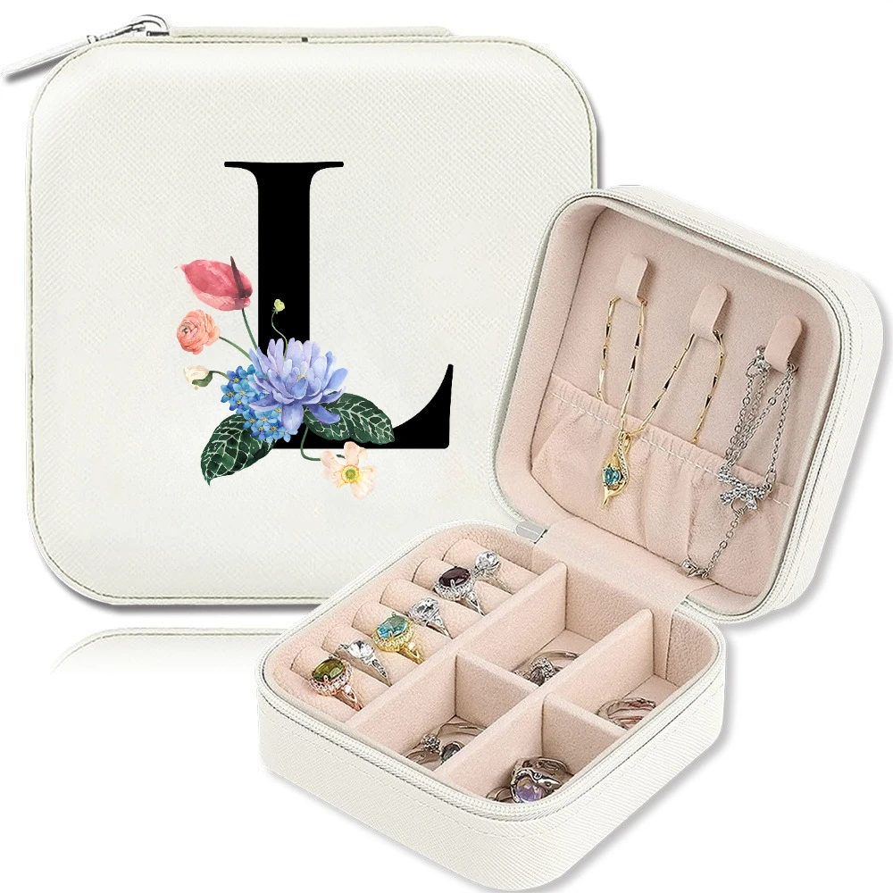 

Beige Travel Organizer with Cherry Blossom Alphabet Pattern, Jewelry Box with Zipper Closure and Fabric Lining,