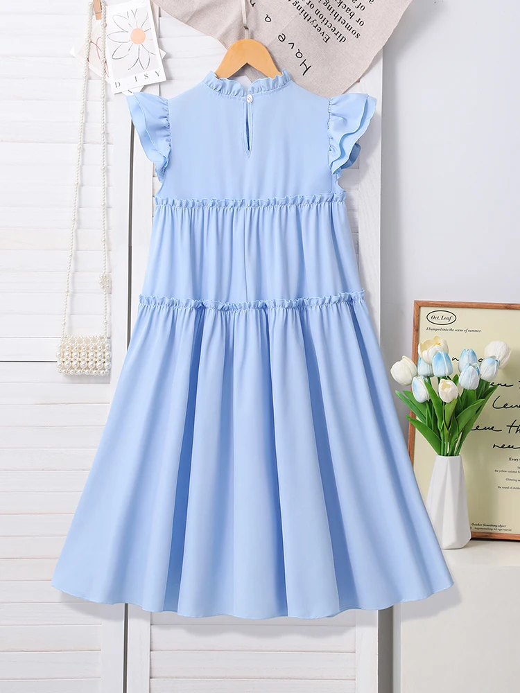 Spring And Summer Girls' Casual Cute Bow Decoration High Collar Petal Sleeves Fluffy Dress