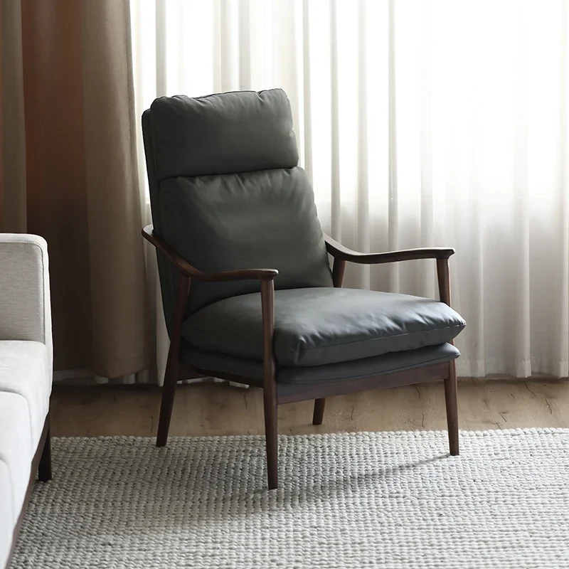 

Leisure Chair Genuine Leather Couch Living Room Armchair Balcony Solid Wood Chair
