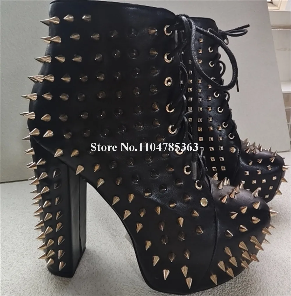 Fashion Metal Rivets Chunky Heel Short Boots Sexy Round Toe Lace-up Spikes High Platform Thick Heel Ankle Booties Big Size
