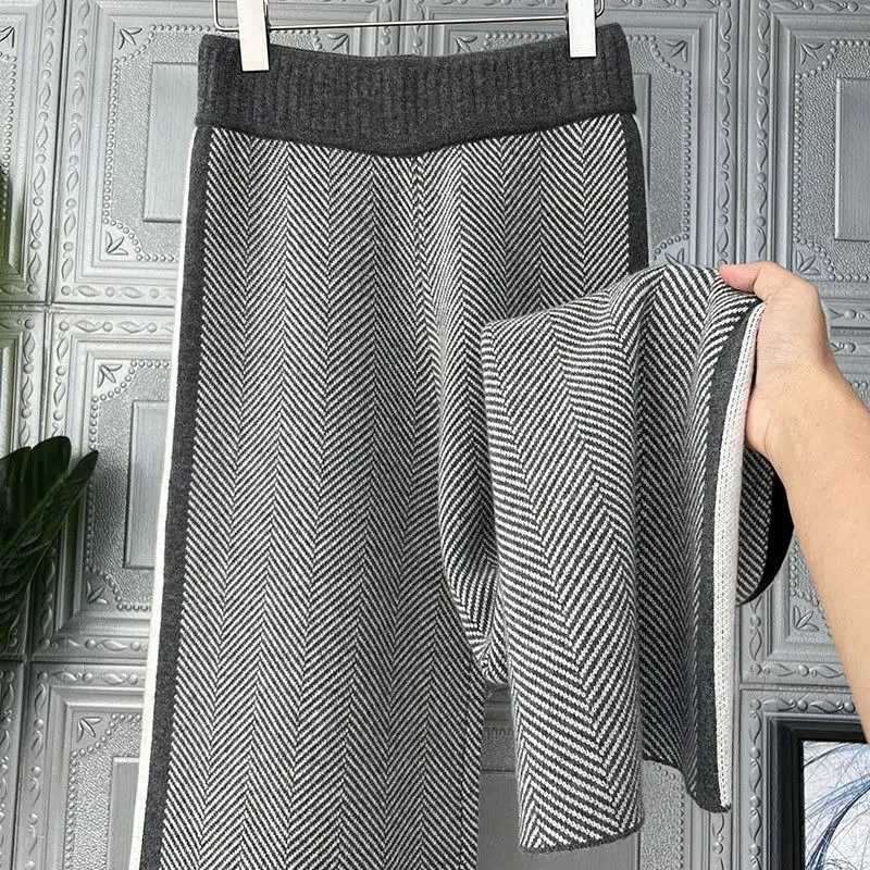 Pantalones de pierna ancha para mujer, pantalón de cintura alta, tejido a rayas, Tweed, informal, recto, ropa exterior, coreano, otoño e invierno, nuevo