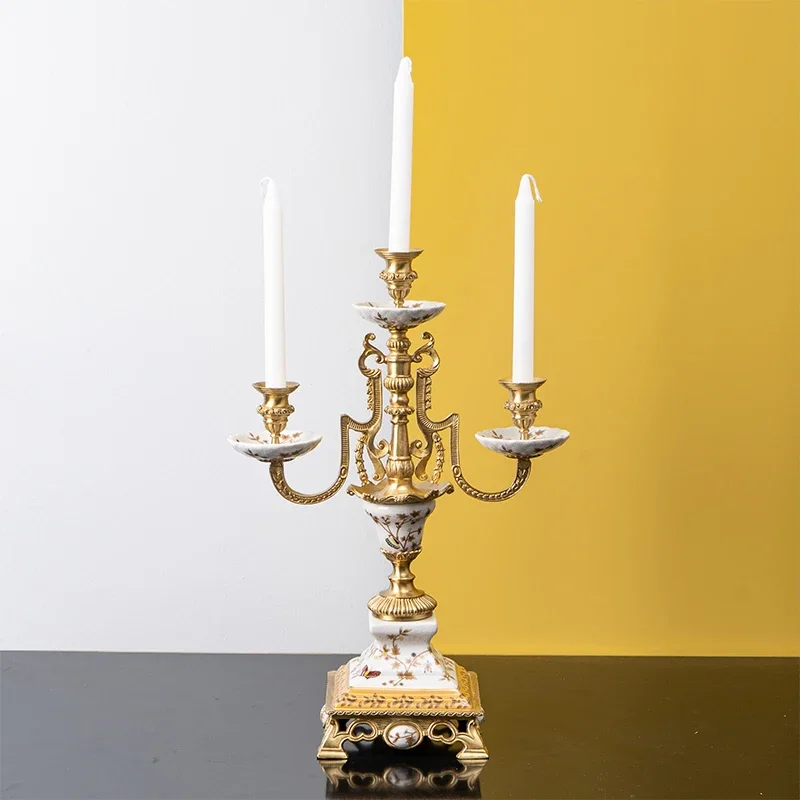 European luxury soft home model room decoration, luxury nostalgic ceramics with copper 3-head candlestick creative ornament