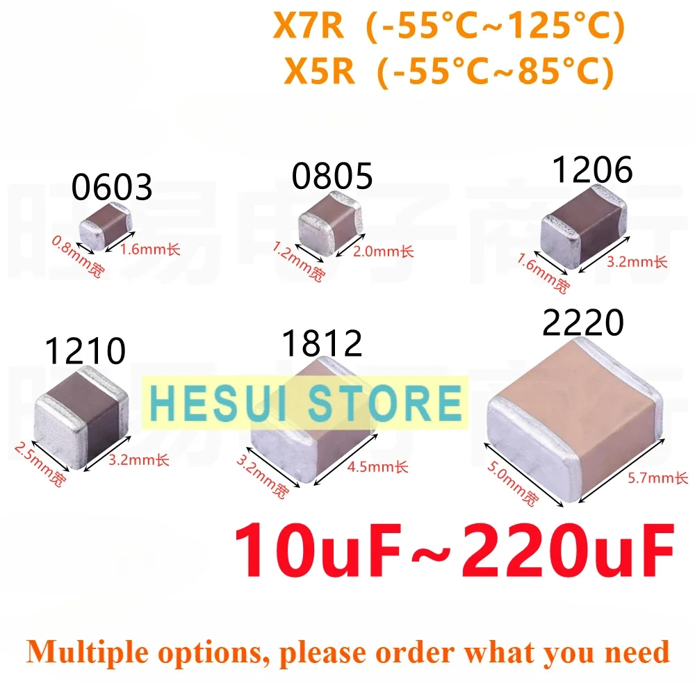 

MLCC SMD Ceramic Chip capacitor +-10% 10uF 22uF 47uF 100uF 6.3V 10V 16V 25V SIZE- 2220 1812 1210 1206 0805 0603