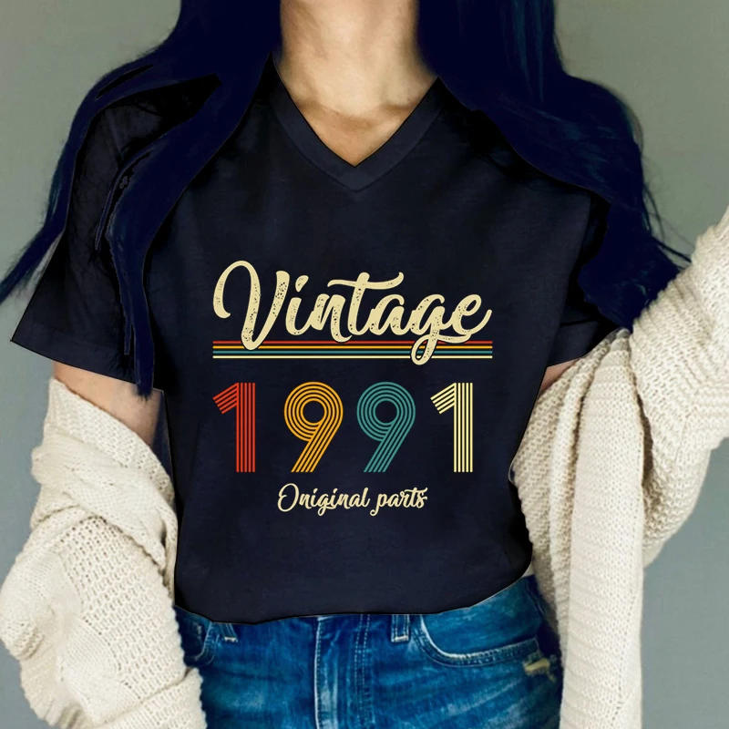 Trendy Woman T-shirts 33th Birthday Gift Vintage 1991 Classic Graphic Retro Birthday Gift for Woman Summer V-neck Casual T-shirt