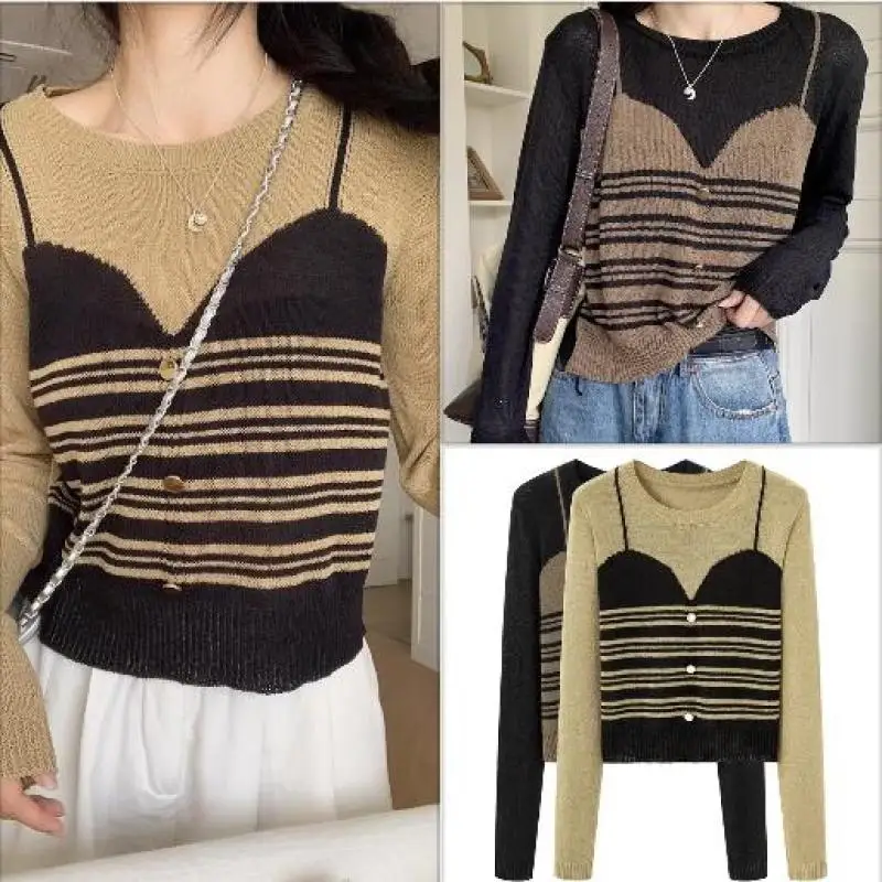 Fake Two Knitted Shirt Women Autumn Korean Contrast Stripe Long Sleeve Knitted Top