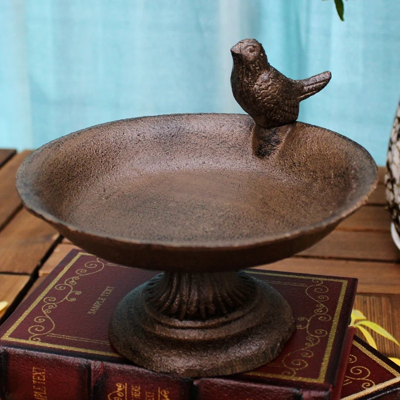 Antique Rustic Round Cast Iron Footed Bird Feeder With Bottom Base Home Garden Decor Table Heavy Metal Storage Bowl Plate Tray