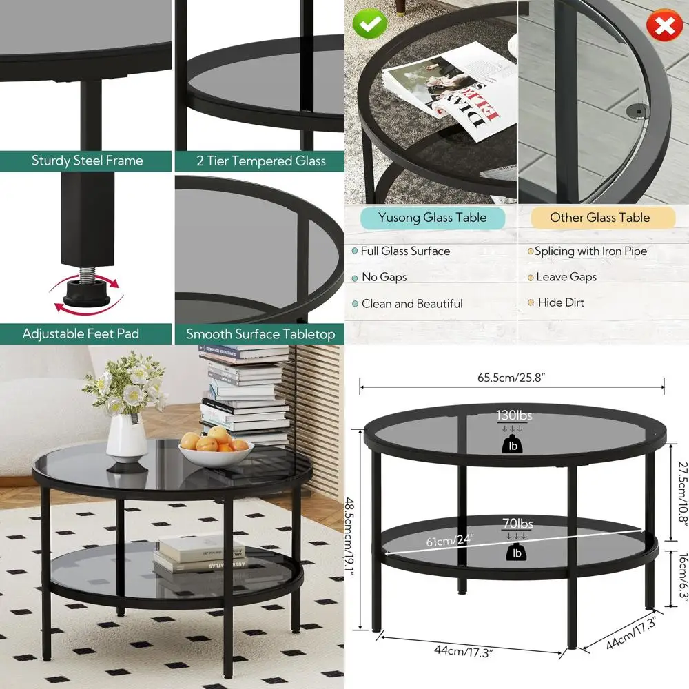 

Modern 26 Light Black Glass 2-Tier Coffee Table with Storage for Living Room and Small Spaces