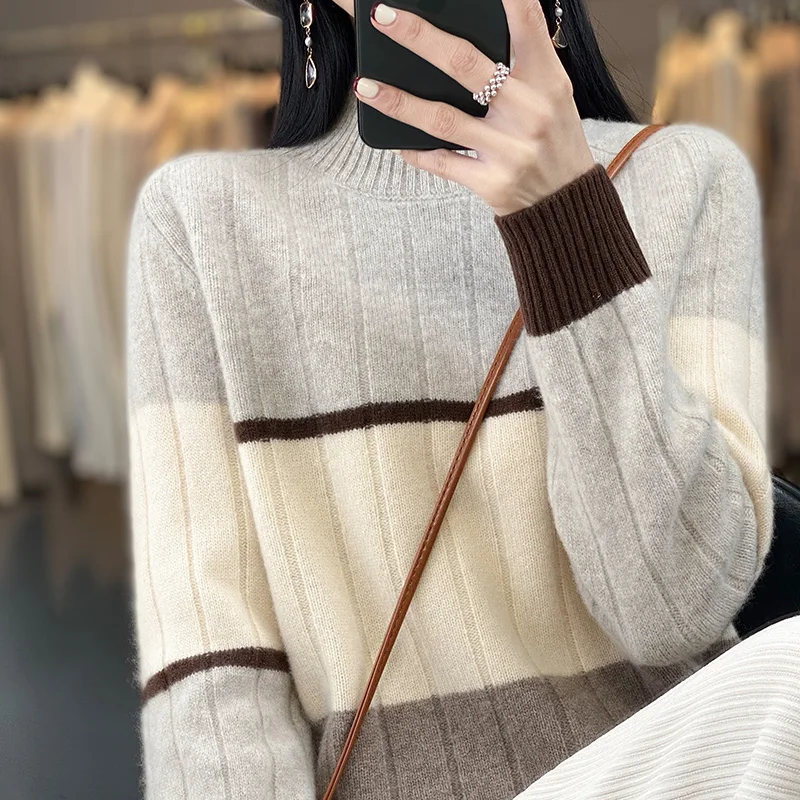 Fall/Winter 2024 New Women's Half-high Neck Horizontal Stripe Colour-matching Knitted Pullover 100% Merino Wool Sweater Leisure