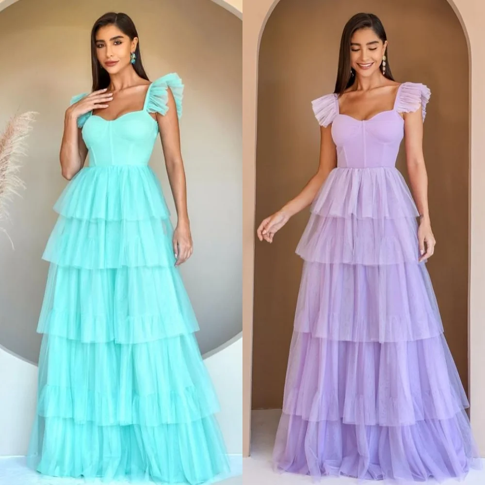 Vestidos largos personalizados con pliegues de tul simples y plisados escalonados, vestidos largos con cuello cuadrado, vestidos para ocasiones a medida, exquisitos y elegantes