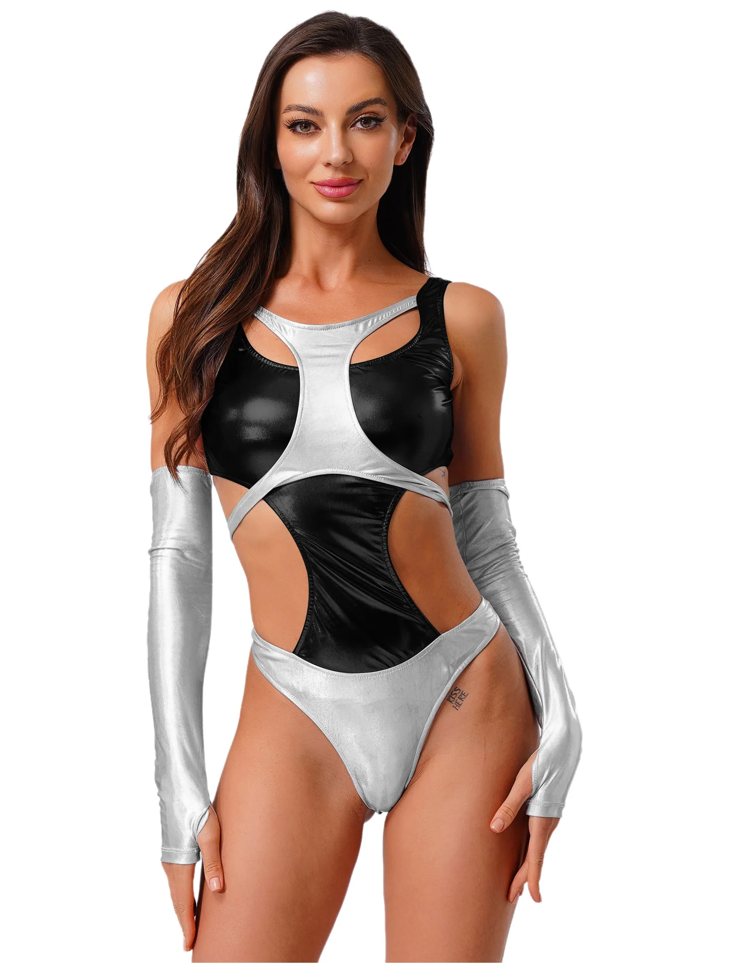 

Women Sissy Fashion Shiny Cutout T-back Patchwork Bodysuits for Outer Space Alien Astronaut Halloween Themed Party Cosplay Wear