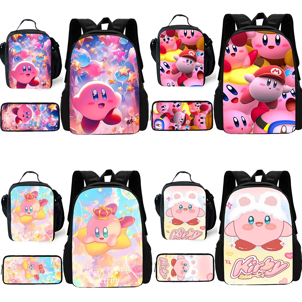 3 pcs set Cute anime pink Kirbys Child School Backpack with Lunch Bags ,Pencil Bags ,School Bags for Boys Girls Best Gift