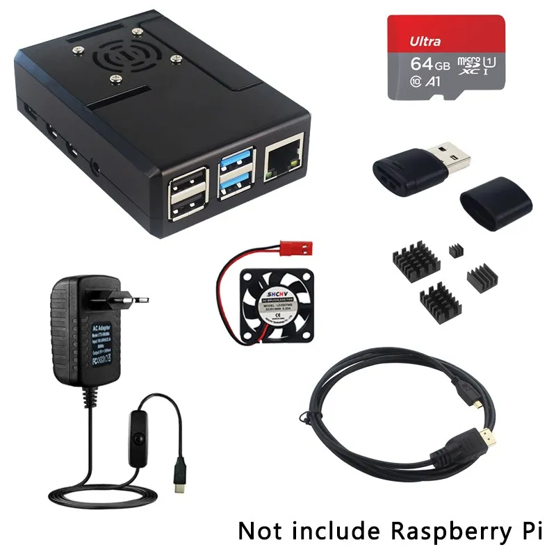 Carcasa de plástico ABS para Raspberry Pi 4, carcasa negra, adaptador de corriente Modelo B, disipador térmico, Cable compatible con HDMI