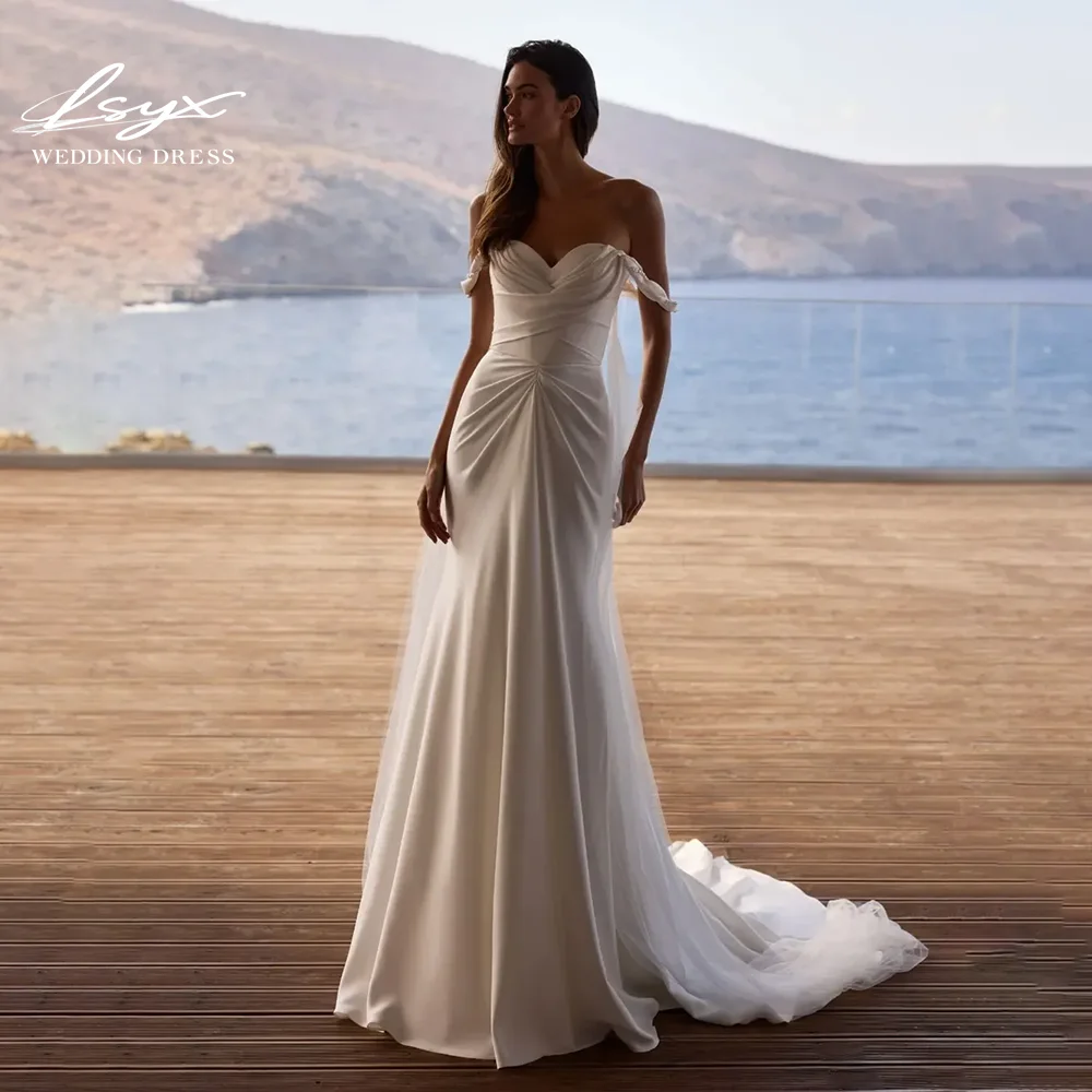 

LSYX Customized Mermaid Sleeveless Off The Shoulder Sweetheart Floor Length Pleat Wedding Dresses Satin simple Vestidos De Novia