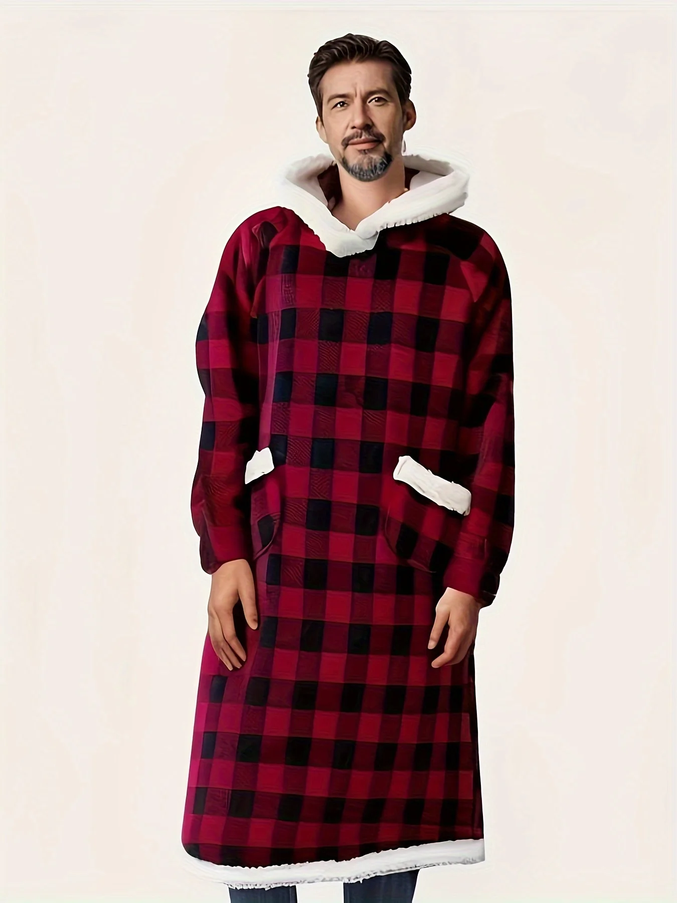 

Cozy Men's Flannel Robe - Black Red Plaid Hooded Bathrobe, Warm Pajama with Pockets. Perfect Comfort Wear!