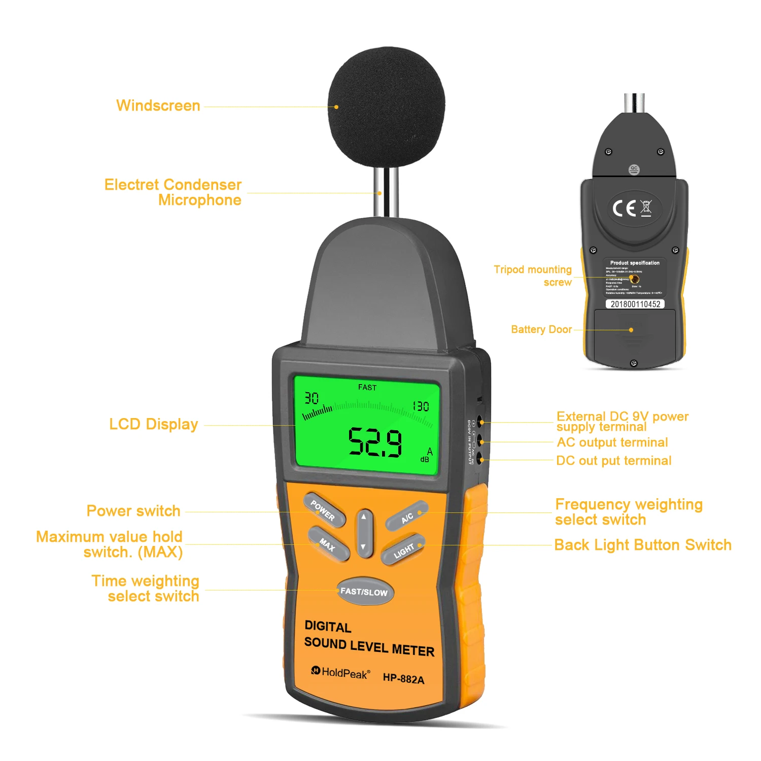 Digital Decibel Meter HP-882A Sound Level Meter 30-130 dB (A/C), High Accuracy ±1.5dB Audio Noise Volume Tester with Fast/Slow - Image 3
