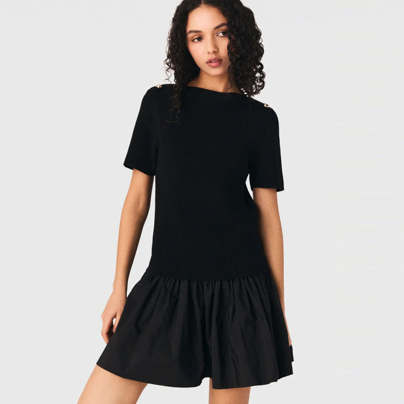 

M Home Spring 2026 Women's Fashion Black Knitted Patchwork Taffeta Skirt Short Sleeve Dress High Waist A-Line Skirt