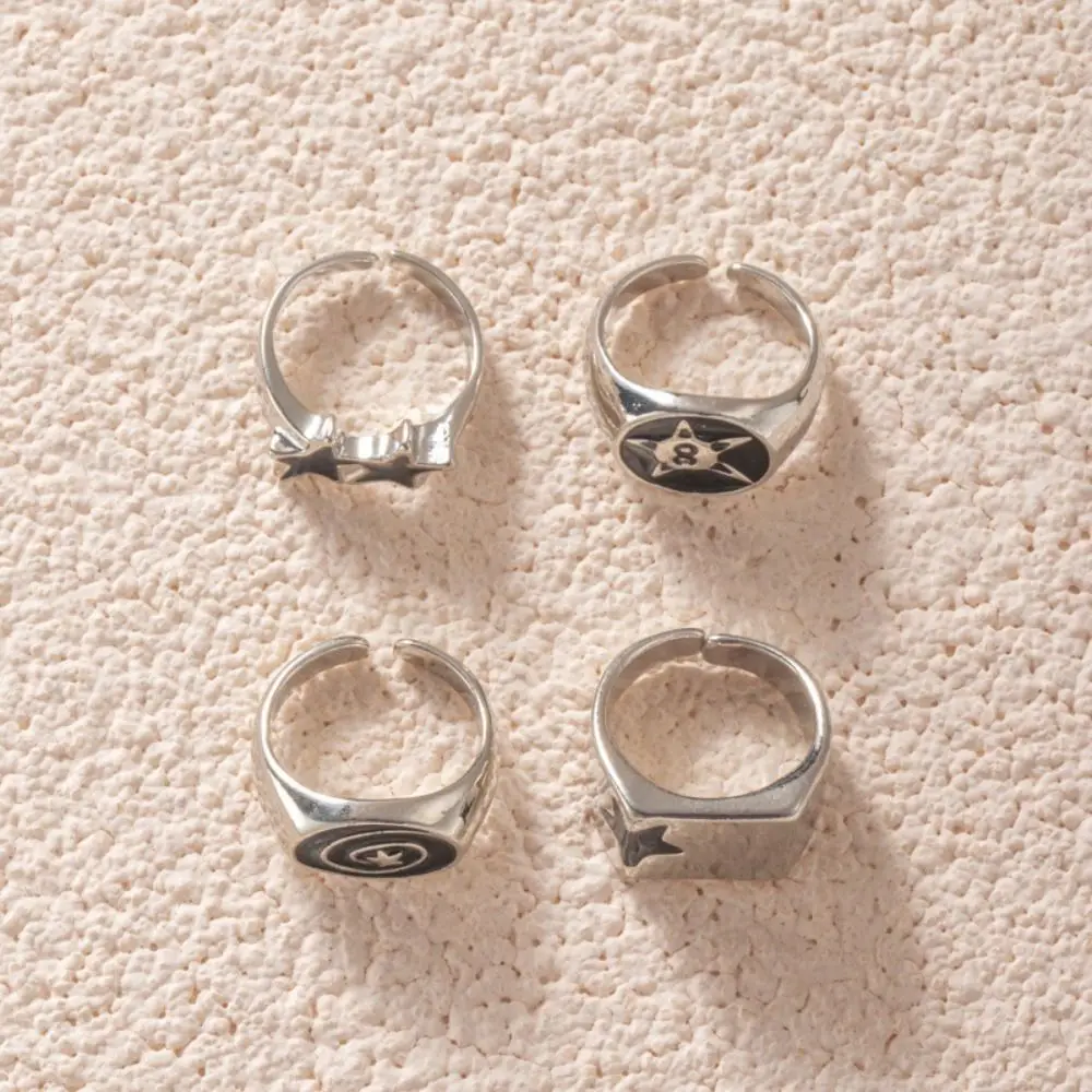 4pcs Irregular Design Geometric Open End Rings Bold Design Black Five-Pointed Star Punk Couple Rings Vintage Knuckle