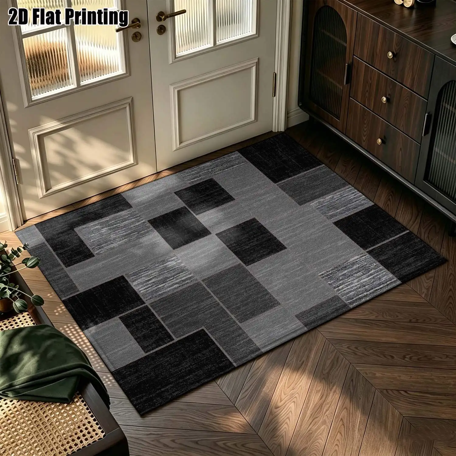 1Pc 2D Printed Nordic Minimalist Geometric Stripe Carpet, Black & Grey, Machine Washable, Multi-Size for Home Decor, Multi-Scene Use