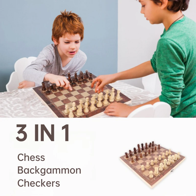 

1pc Chess Othello / Western Chess 3 in 1 Wooden Foldable Desktop Games Multifunctional Leisure Puzzle Chess Games