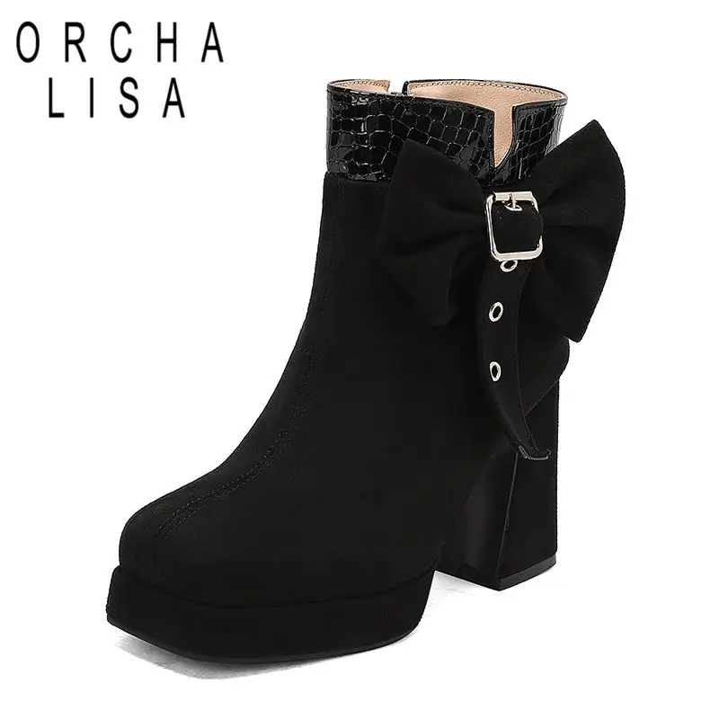 

ORCHA LISA Горячие женские ботильоны с квадратным носком, толстым каблуком 10 см, платформа 2 см, боковая молния, бантом, большой размер 46 47 48, зима