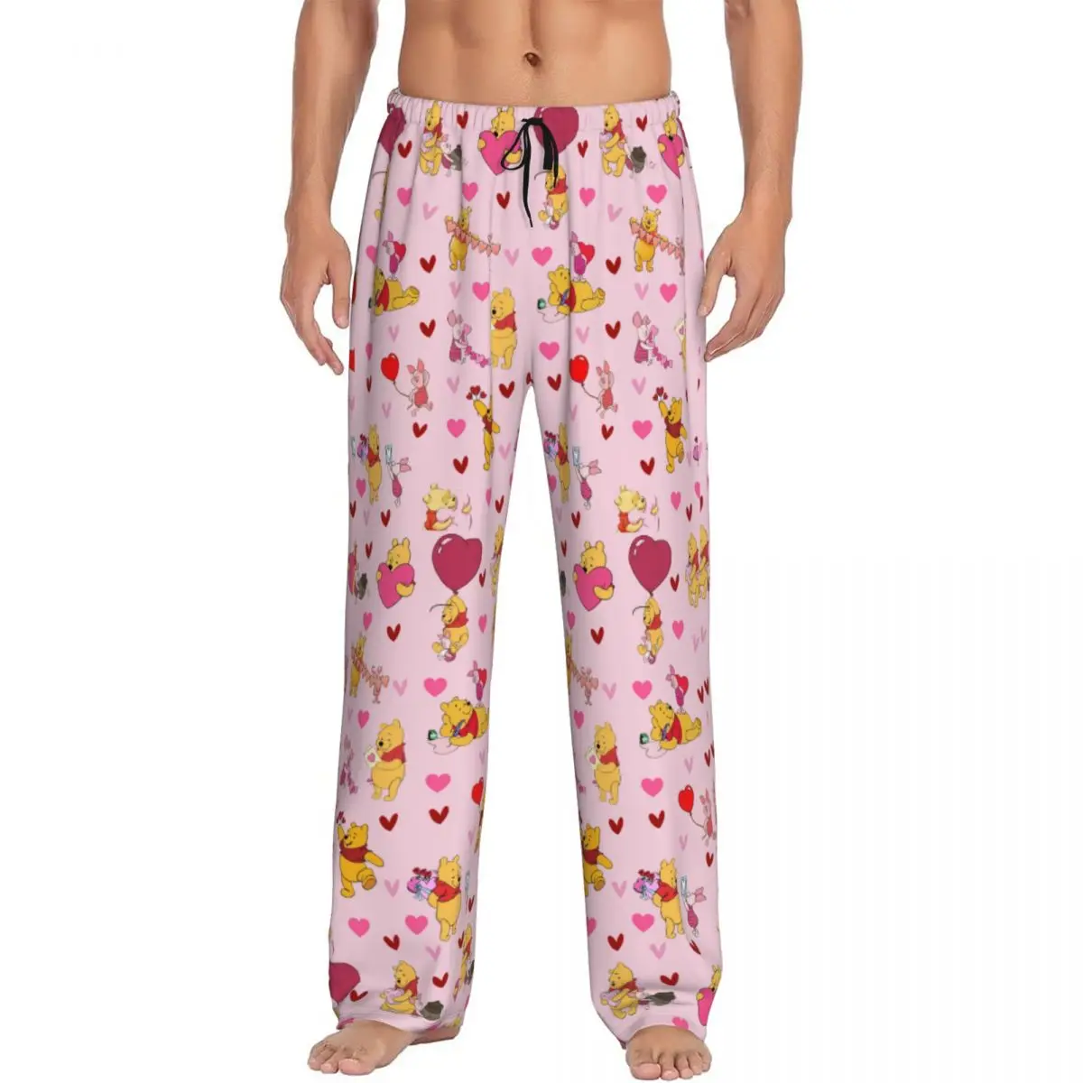 Custom Print Winnie The Pooh Pattern Pajama Pants for Men Animation Love Sleep Sleepwear Bottoms with Pockets