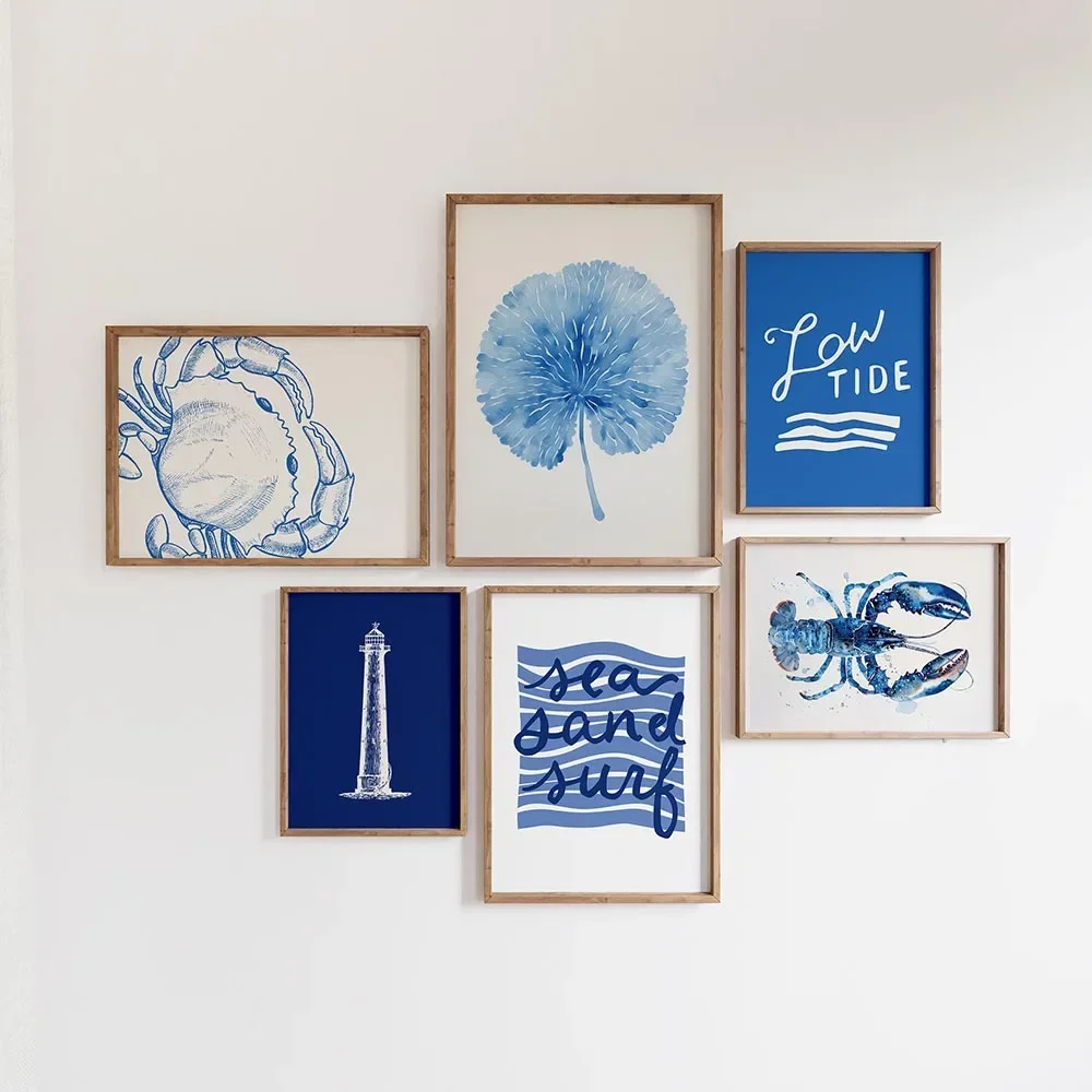 Póster de pared de galería costera azul, arte de pared de playa moderno, costa este, vida marina, pintura en lienzo con estampado de langosta y cangrejo, decoración del hogar