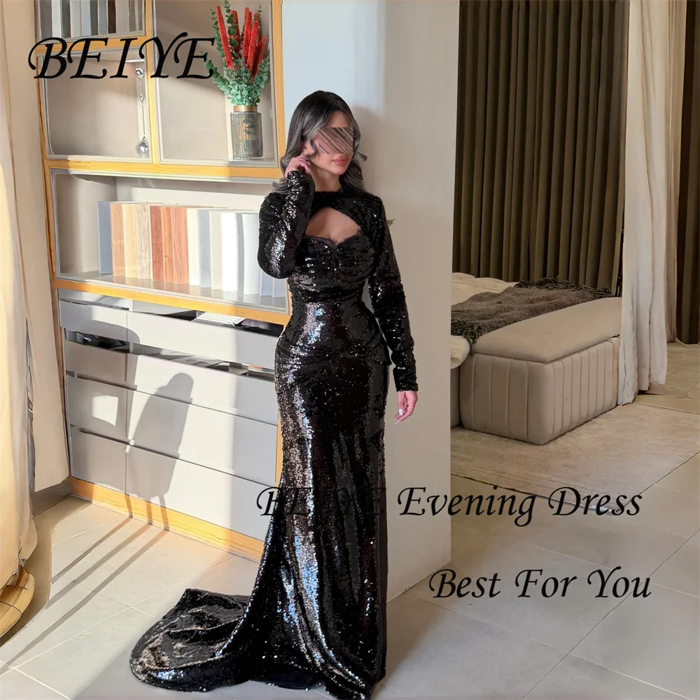 BEIYE Luksusowa Sukienka Wieczorowa Syrena z Cekinową Koronką, Długie Rękawy, Dekolt O-Neck, Plisowana Sukienka na Bal, Suknia na Przyjęcie, Szyta na Miarę فساتين سهرة