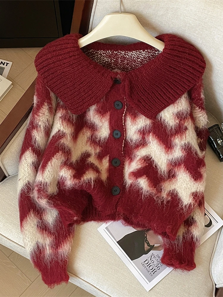 Women's Christmas Red Cardigan Cashmere Sweater Harajuku Y2k Peter Pan Collar Long Sleeves Sweaters Vintage 2000s Clothes Autumn