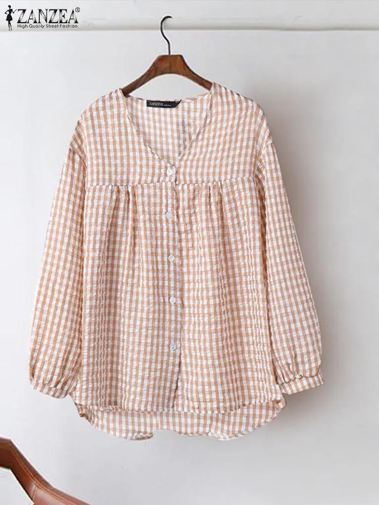 ZANZEA Korean Fashion Women Checked Shirt Casual Long Sleeve V Neck Button Up Gingham Camisas High-Low Blouse Elegant Tunic Tops