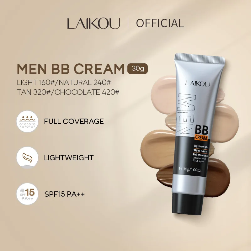 LAIKOU Men BB Cream Waterproof  Foundation  for Face  Concealer Brightening Skin tone Korean Make Up Men\'s Cosmetics 30g