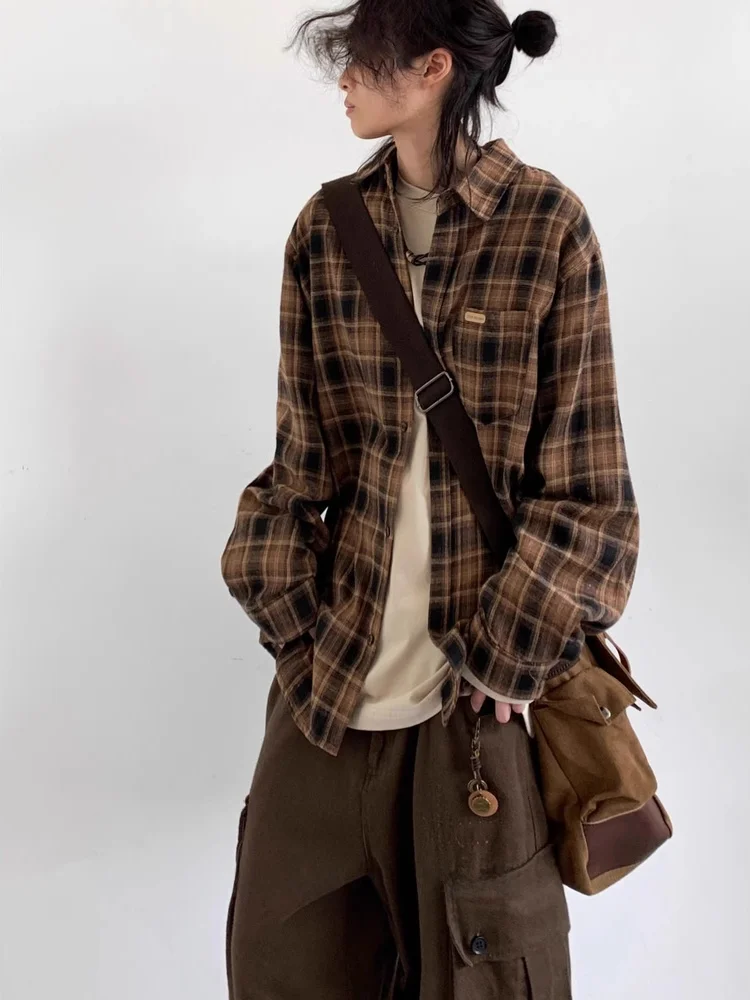 

Ретро-японская рубашка в клетку с длинным рукавом, осенне-зимняя новинка, свободная повседневная рубашка-пальто, модная, из чистого хлопка, для молодежи