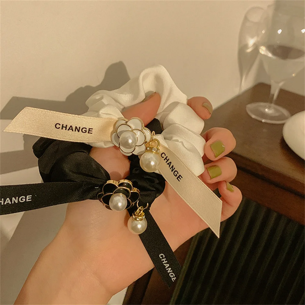 Korean Retro Hair Accessories Gift Pearls Pendant Camellia Women Elastic All-matching Hair Rope Bow Scrunchies