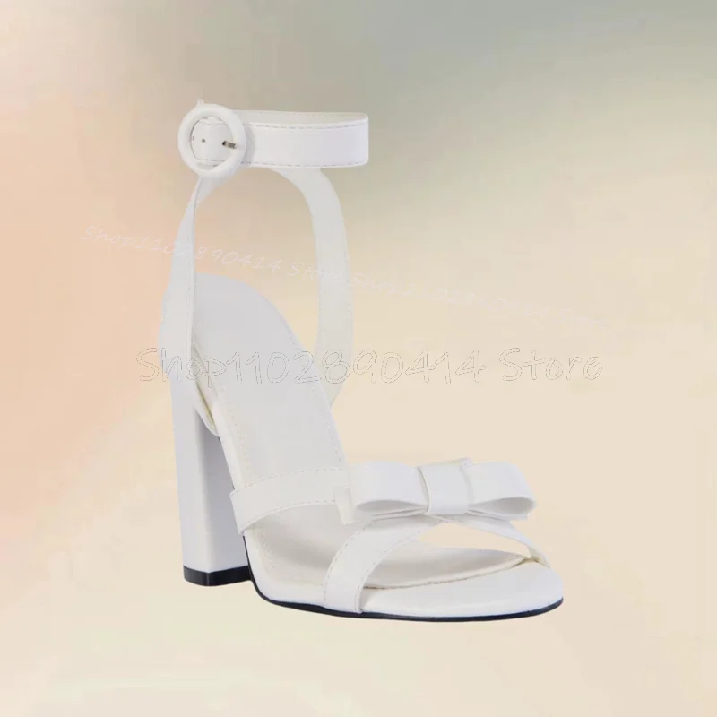 

White Bow Knot Decor Open Toe Strappy Sandals Ankle Buckle Strap Women Shoes Chunky High Heels Banquet 2025 Zapatos Para Mujere
