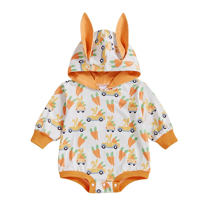 

Toddler Infant Baby Easter Romper Spring Long Sleeve Truck Carrot Print Hooded Bodysuit Newborn Playsuit with Rabbit Ears