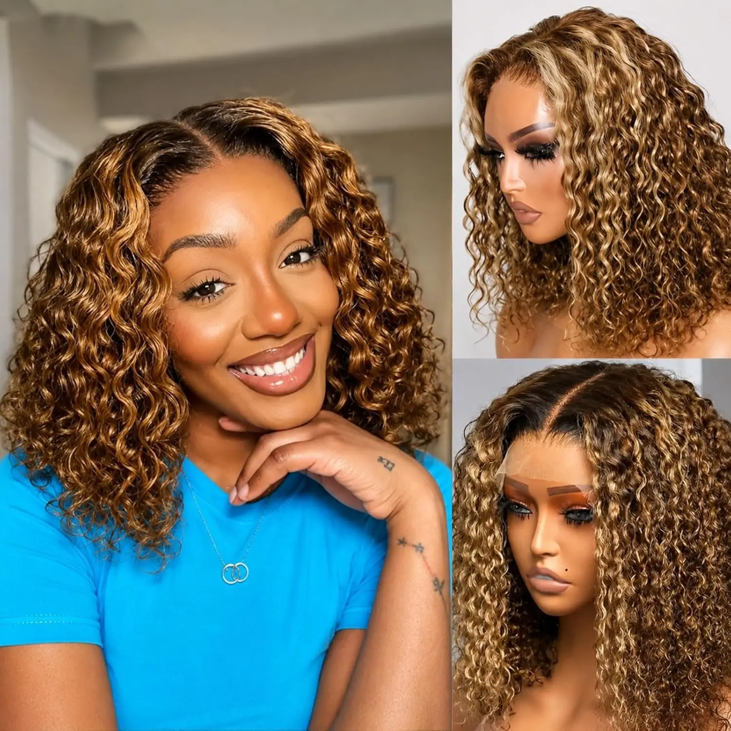 Curly Short Bob Wig Highlight 4/27 Honey Blonde Human Hair 5x5 Glueless Closure Wig Deep Wave For Women Virgin Human Hair