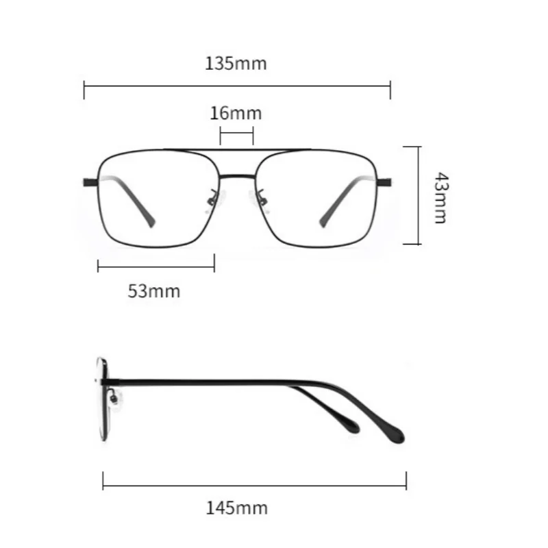 แว่นตาโลหะทรงสี่เหลี่ยมสำหรับผู้ชาย แว่นตาอ่านหนังสือคอมพิวเตอร์ เลนส์สายตา แว่นตาแบบสองบริดจ์สำหรับผู้ชาย +25 ถึง +6.0