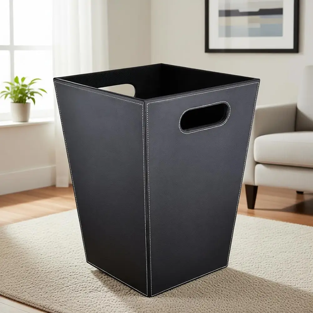 

16L Black Square Waste Bin with Handles, Ideal for Bedrooms, Desks, and Dorms, Easy to Clean Decorative Trash Can