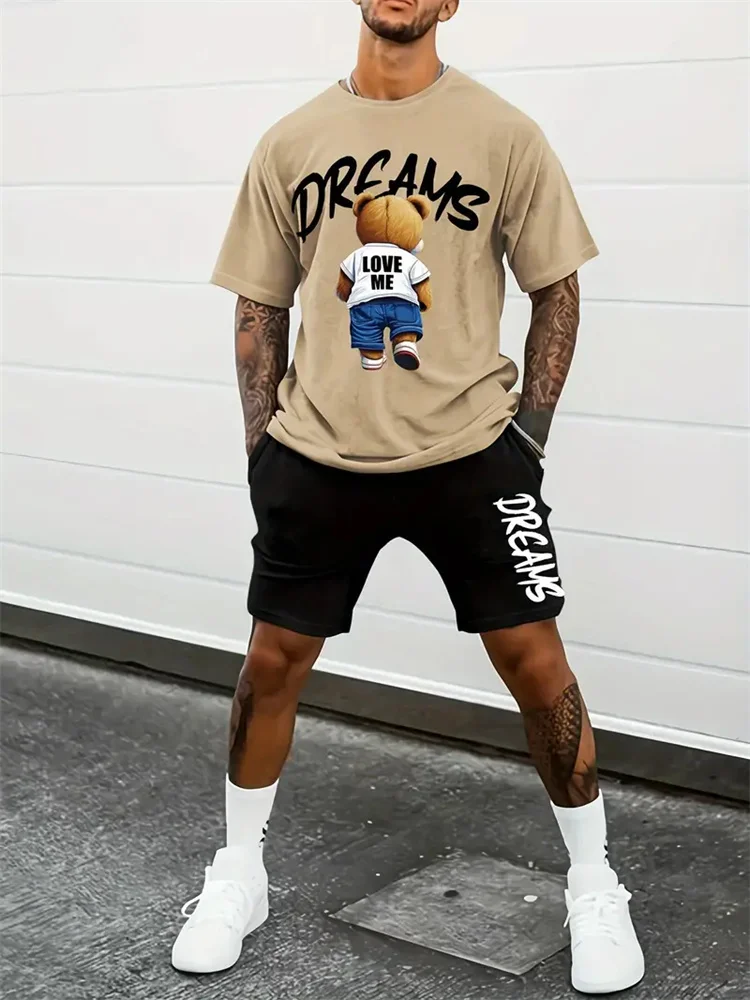 

Summer's New Fashion: Men's Bear Print T-shirts And Shorts, Comfortable Casual Sportswear With Loose Shorts