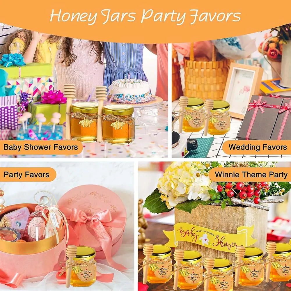 Imagem -06 - Mini Honey Jute Honey Jars Favores de Festa em Massa com Dipper Tampas Douradas Pingentes de Abelha Bonitos Bolsas de Presente e Juta para Chuveiro de Bebê Pacote 60